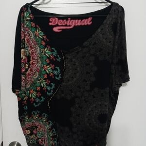 Desigual bordered Floral/Paisley Short Sleeve Embroidered Blouse